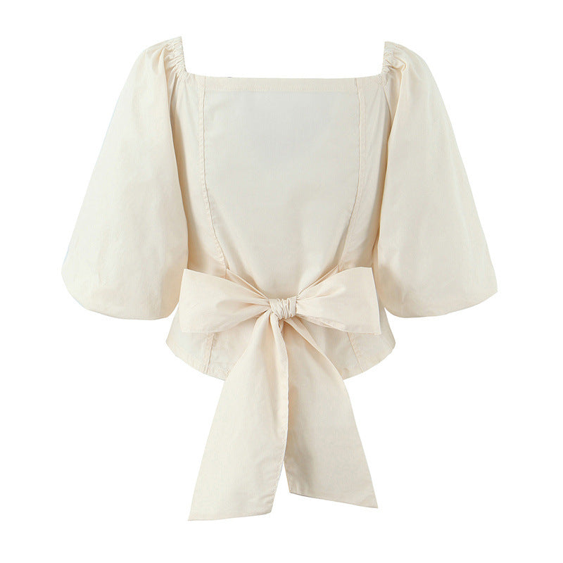 Style Women's Casual Bowknot Bubble Sleeve Blouse Short Top