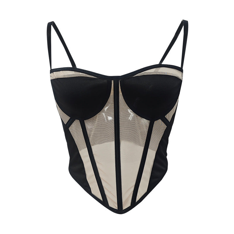 Hollow out fishbone backless sexy strapless contrasting waist cinching hot girl vest top for women