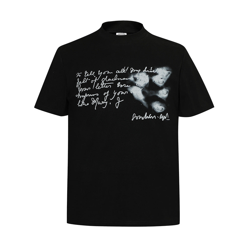 Dark Gothic Eye Letter Print Short Sleeve T-Shirt Men's Casual Loose Pure Cotton Tee Shirt Hip Hop Trendy