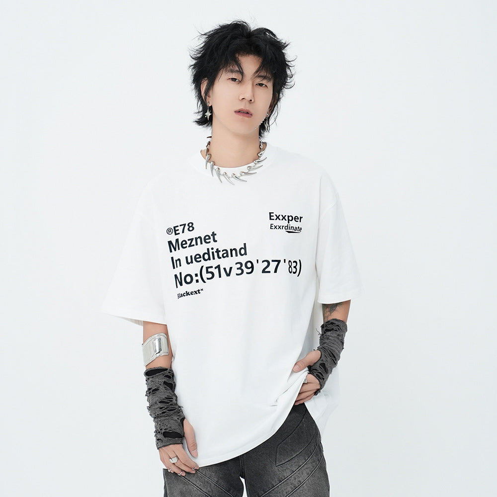 Alphabet Print Short Sleeve T-Shirt Men's Trendy Ins Heavyweight Pure Cotton Casual Loose Fit Three-Quarter Sleeve Tee