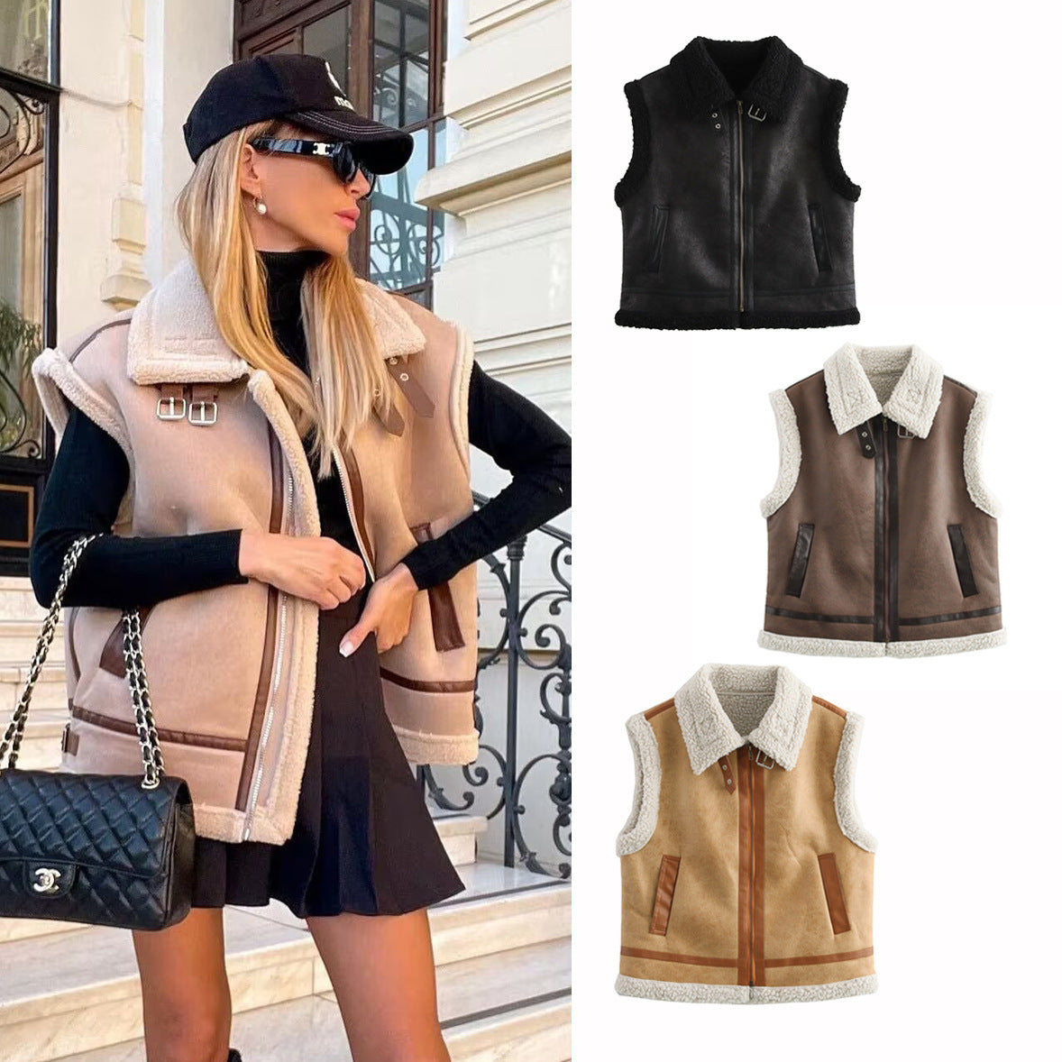 Autumn and winter fashion European and American three color fur integrated vest