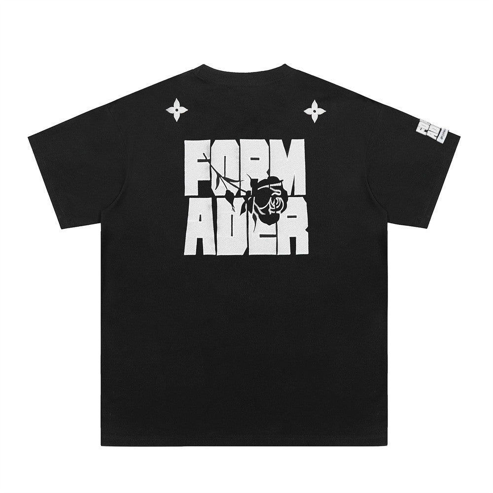 Rose Embroidered Letter Casual T-Shirt European and American Trendy Loose Short Sleeve Top for Men