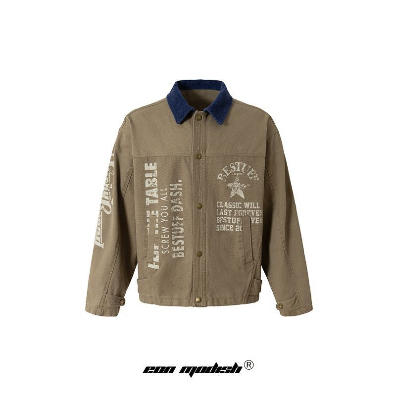 Street Style High-Street Spliced Collar Printed Work Jacket