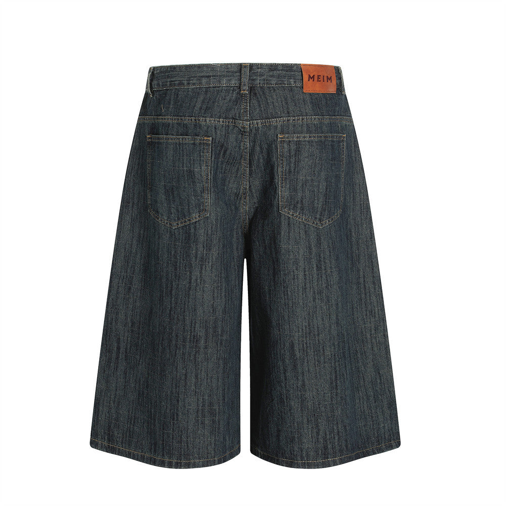 Minimalist Washed Denim Shorts Men's Versatile Street Trend Wide-Leg Mid-Length Pants Loose Straight Leg Five-Point Pants