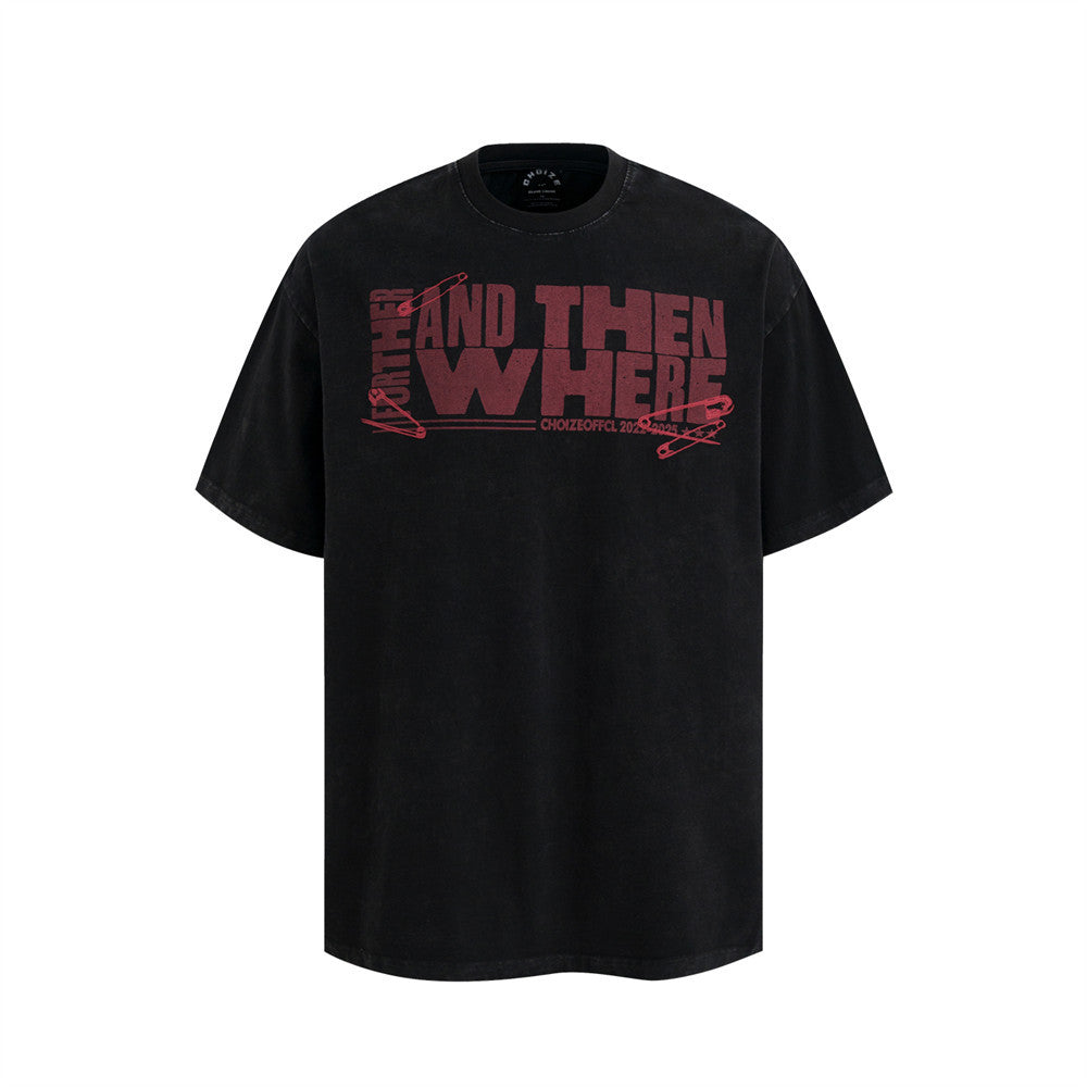 Letter Print Washed Short Sleeve T-Shirt Men's Loose Casual Half-Sleeve Top Pure Cotton