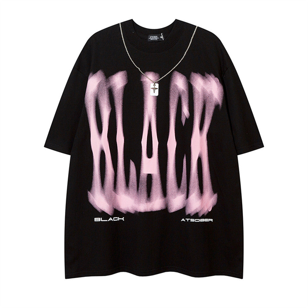 Graffiti Blurred Letter Short Sleeve T-Shirt Loose Fit Men's Summer Metal Chain Top Design Sense INS Trendy