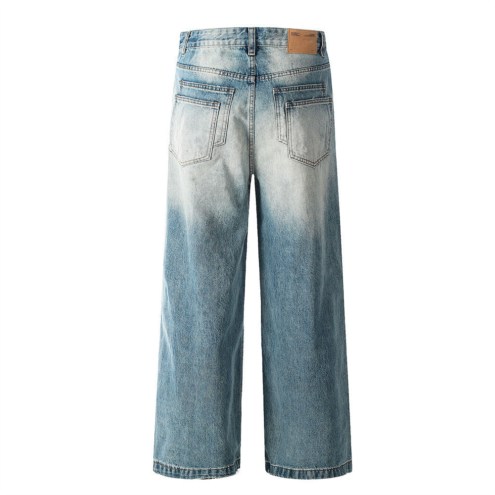 Washed Faded Denim Trousers Men's Loose Wide-Leg Straight Long Pants Faded Distressed Ripped Street Punk