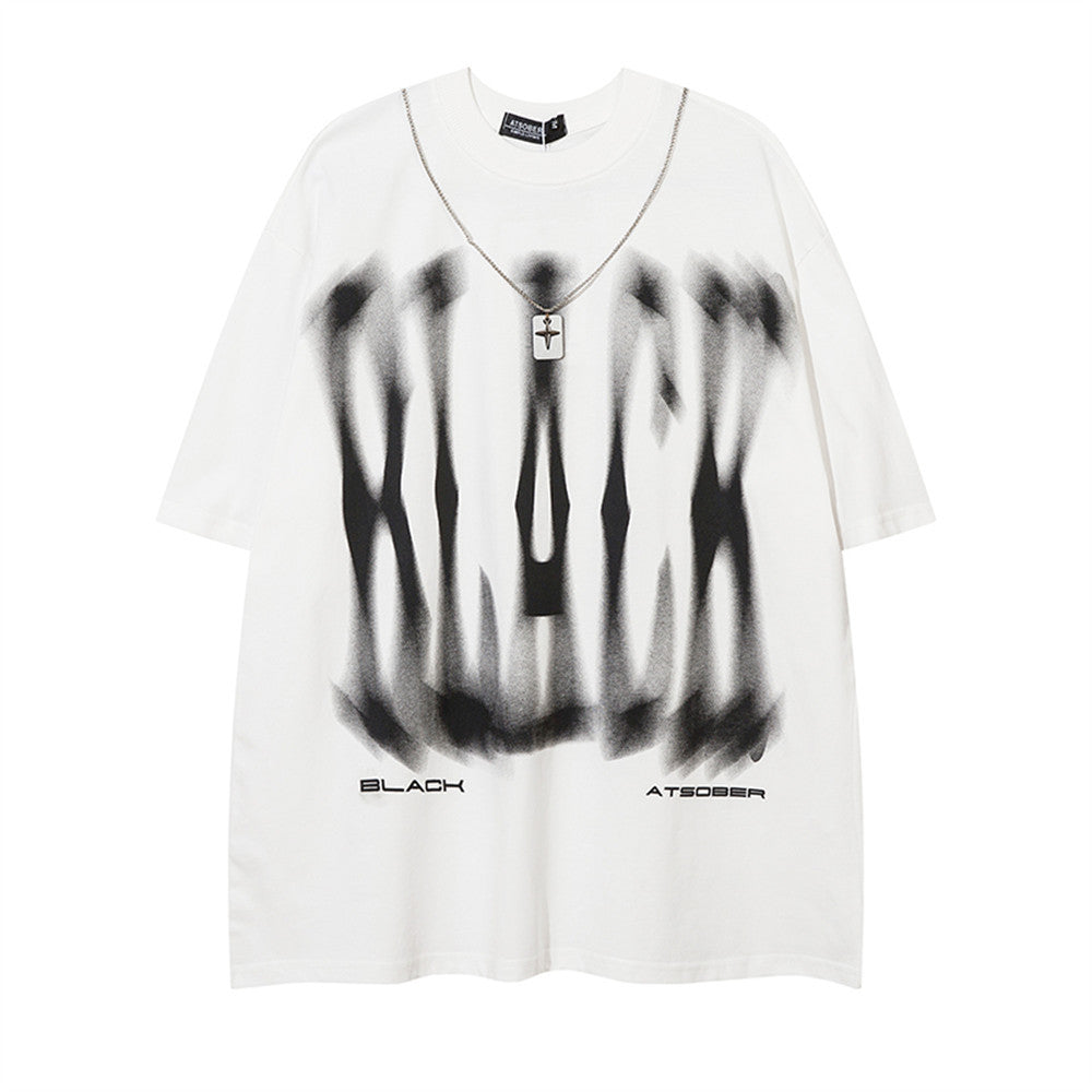 Graffiti Blurred Letter Short Sleeve T-Shirt Loose Fit Men's Summer Metal Chain Top Design Sense INS Trendy