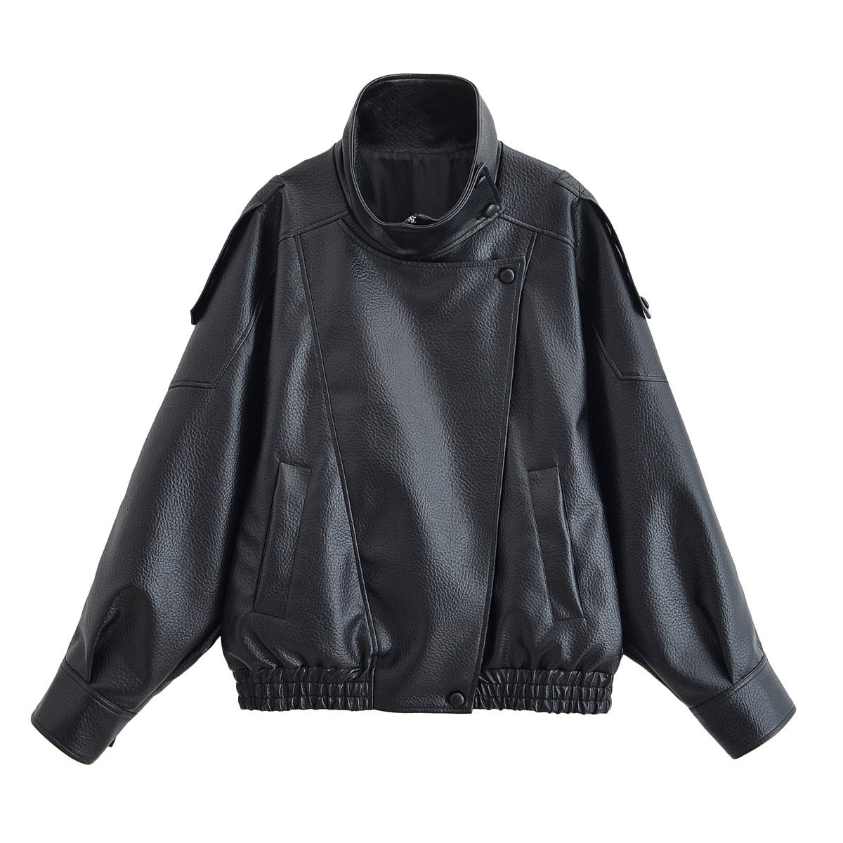 Langärmlige PU-Jacke mit Stehkragen und Litschi-Muster für Damen