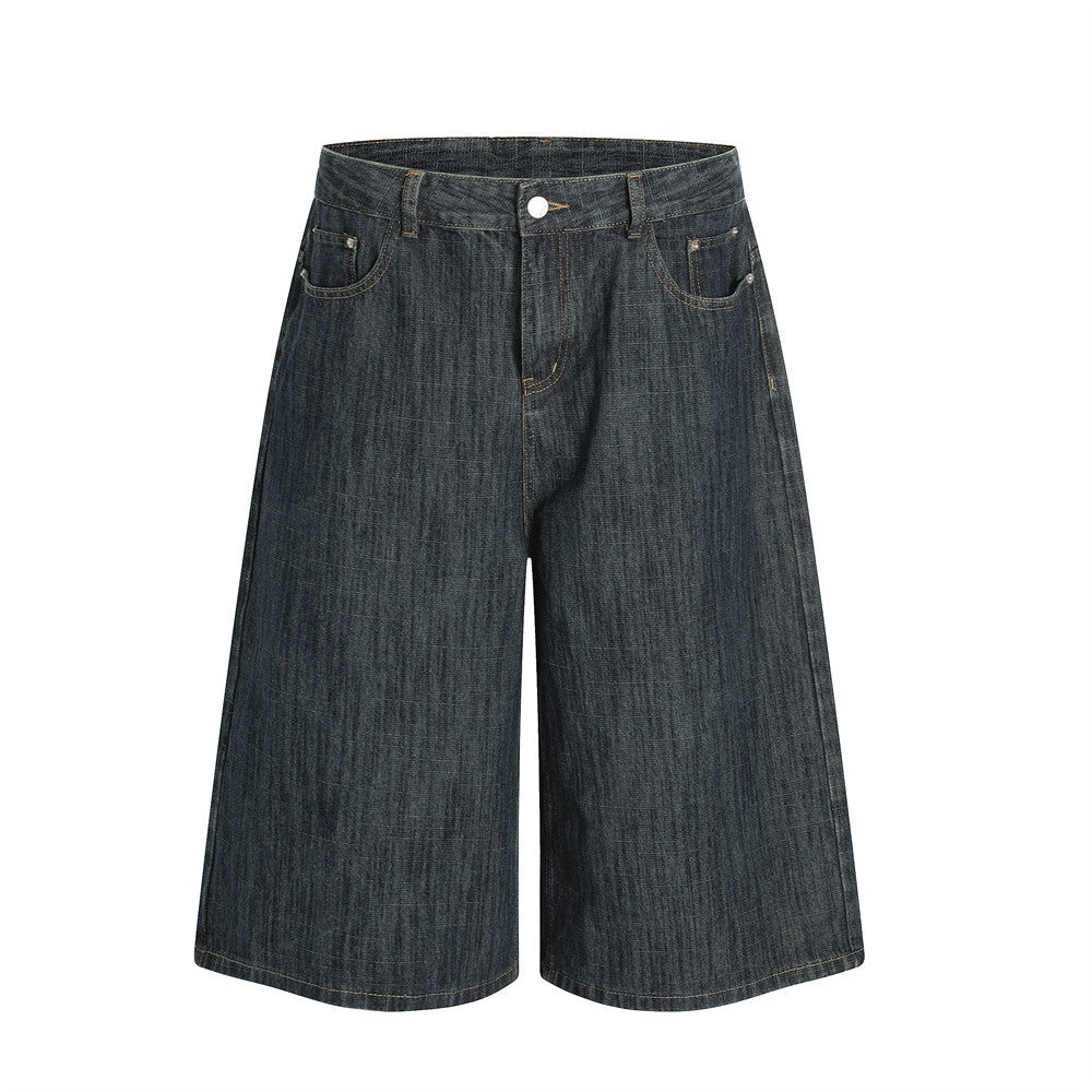 Minimalist Washed Denim Shorts Men's Versatile Street Trend Wide-Leg Mid-Length Pants Loose Straight Leg Five-Point Pants