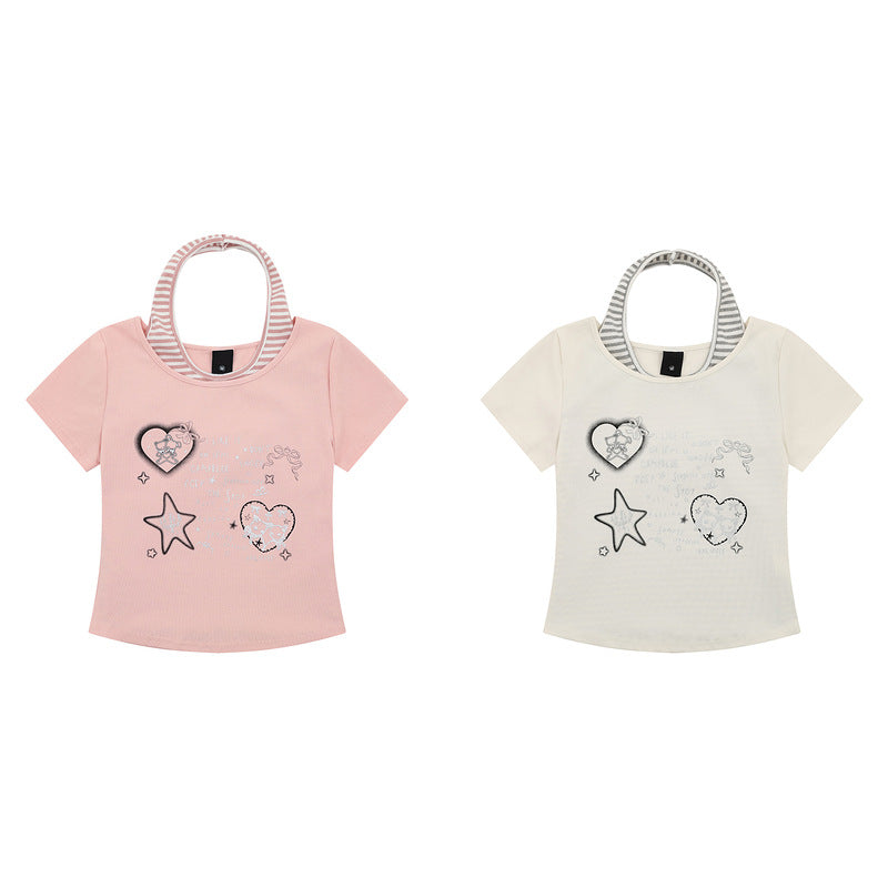 Short Sleeve T-Shirt Women Summer Short Slim Fake Two-Piece