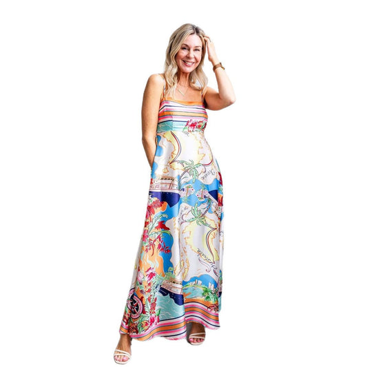 High waisted printed vacation style big swing suspender dress