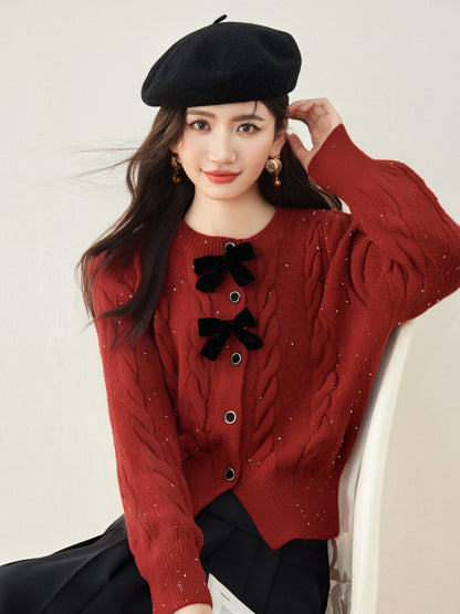 Schicke Strickjacke mit Schleife und Pailletten, Rundhalsausschnitt, Casual Style für Damen