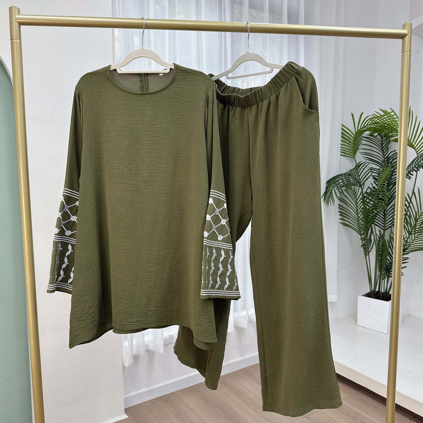 Turkey Embroidery Top Wide Leg Pants 2 Piece Set