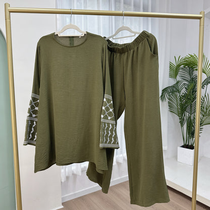Turkey Embroidery Top Wide Leg Pants 2 Piece Set