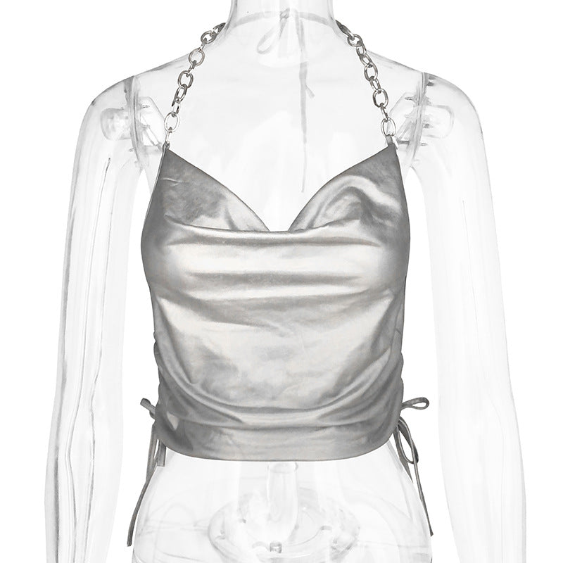 Color blocking patchwork sleeveless halter top slim fit backless vest for women