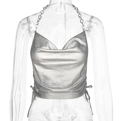 Color blocking patchwork sleeveless halter top slim fit backless vest for women