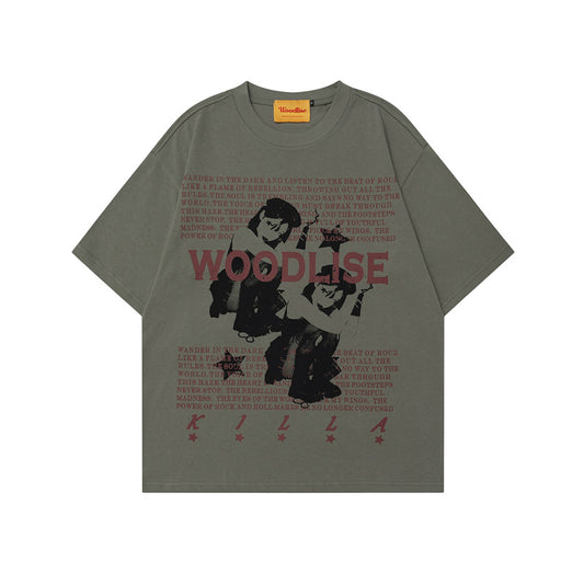 Letter Cartoon Print Short Sleeve T-Shirt Unisex Oversize High Street Versatile Couple Top INS Trendy