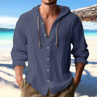 Men's Sports Casual Long Sleeve Shirt Cotton Linen Hooded Fashion Sweatshirt Trendy Versatile Loose Beach T-Shirt