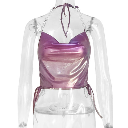 Color blocking patchwork sleeveless halter top slim fit backless vest for women