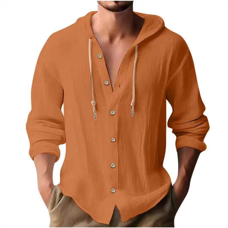 Men's Sports Casual Long Sleeve Shirt Cotton Linen Hooded Fashion Sweatshirt Trendy Versatile Loose Beach T-Shirt