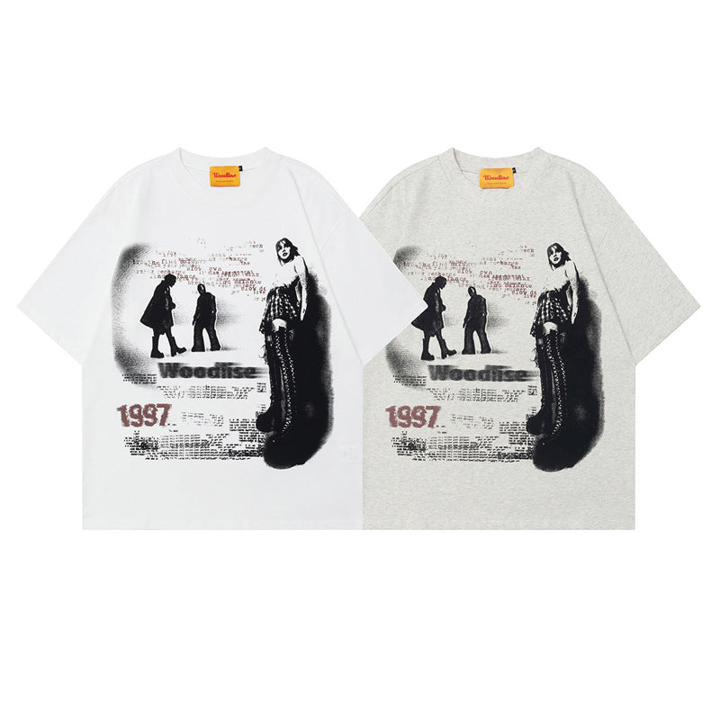 Dark High Street Rock Figure Print Short Sleeve T-Shirt Men's Oversize Heavyweight Pure Cotton Half Sleeve Tee