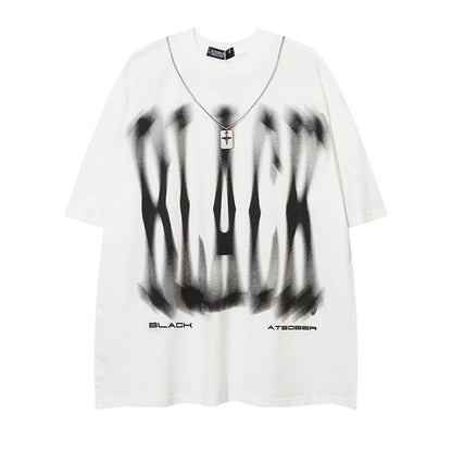 Graffiti Blurred Letter Short Sleeve T-Shirt Loose Fit Men's Summer Metal Chain Top Design Sense INS Trendy