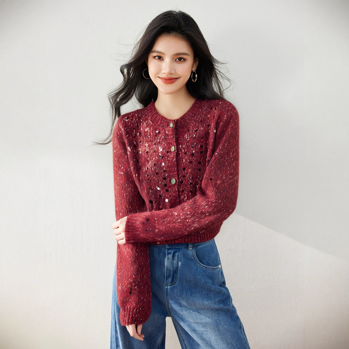 Knitted Cardigan Outerwear Sweater Coat for Women, Sequin Korean Style Atmosphere Early Autumn Fashion