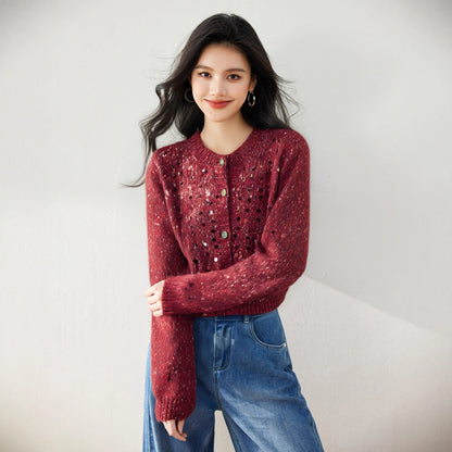 Knitted Cardigan Outerwear Sweater Coat for Women, Sequin Korean Style Atmosphere Early Autumn Fashion