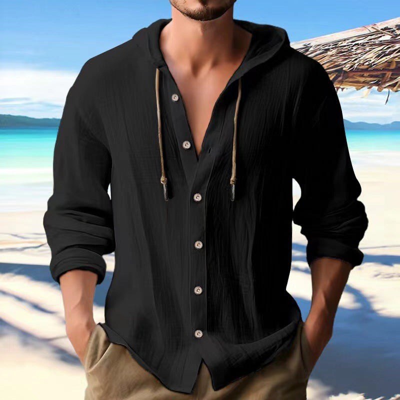 Men's Sports Casual Long Sleeve Shirt Cotton Linen Hooded Fashion Sweatshirt Trendy Versatile Loose Beach T-Shirt