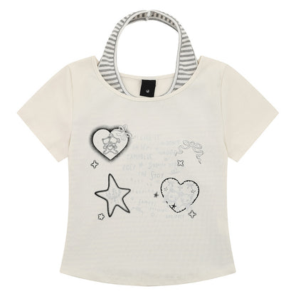 Short Sleeve T-Shirt Women Summer Short Slim Fake Two-Piece