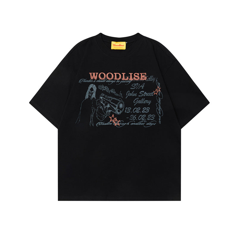 Retro Hand-Painted Heavyweight Pure Cotton Short-Sleeve T-Shirt Men's Summer Loose Casual Cleanfit Top Trendy