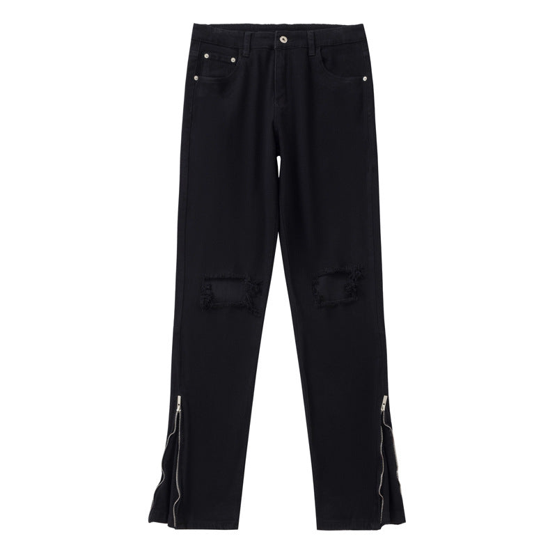 Black High Street Distressed Denim Trousers Slim Fit Skinny Mid-Waist Pants for Men Casual Pants