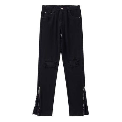 Black High Street Distressed Denim Trousers Slim Fit Skinny Mid-Waist Pants for Men Casual Pants