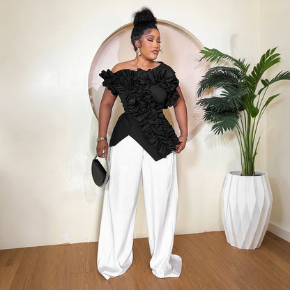 One-Shoulder Irregular Ruffle Design Top Women's T-Shirt Wide Style