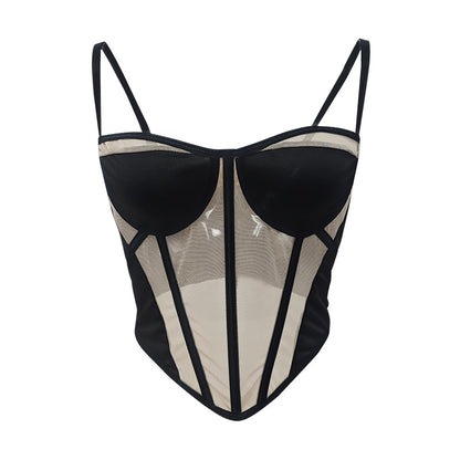 Hollow out fishbone backless sexy strapless contrasting waist cinching hot girl vest top for women