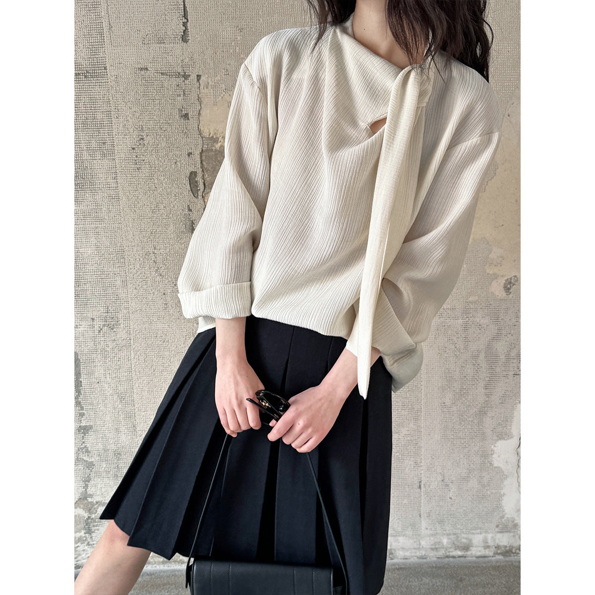 Ribbon textured shirt women's lace up commuter top