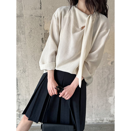 Ribbon textured shirt women's lace up commuter top