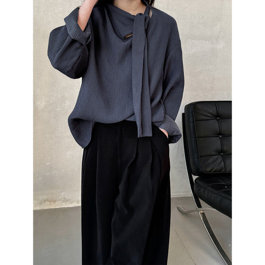 Ribbon textured shirt women's lace up commuter top