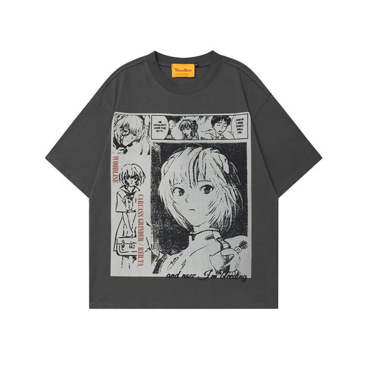 Anime Print Short Sleeve Unisex Retro Oversize Loose Pure Cotton T-Shirt