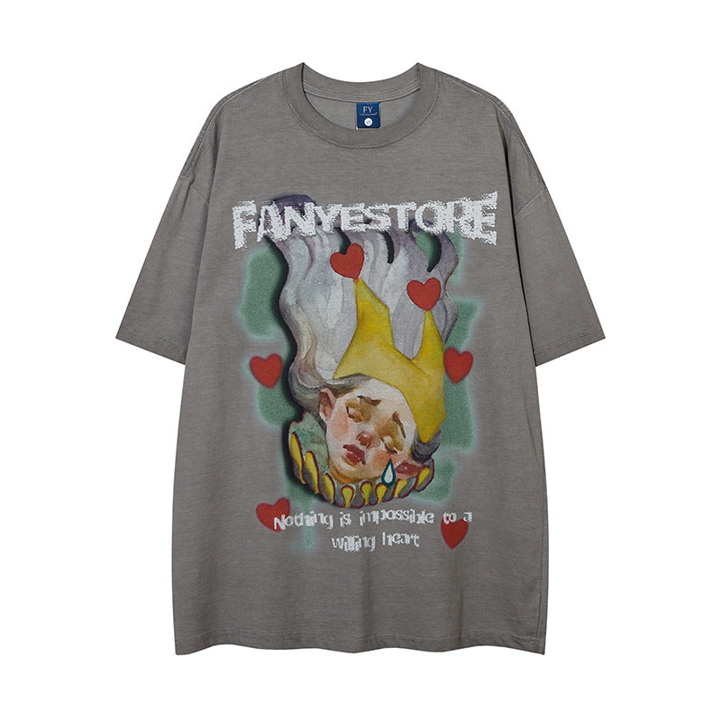 Hand-Painted Anime Oil Painting Print Short Sleeve T-Shirt Trendy Hip Hop Men's Summer Loose Casual Pure Cotton Vintage Top