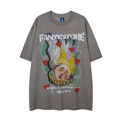 Hand-Painted Anime Oil Painting Print Short Sleeve T-Shirt Trendy Hip Hop Men's Summer Loose Casual Pure Cotton Vintage Top