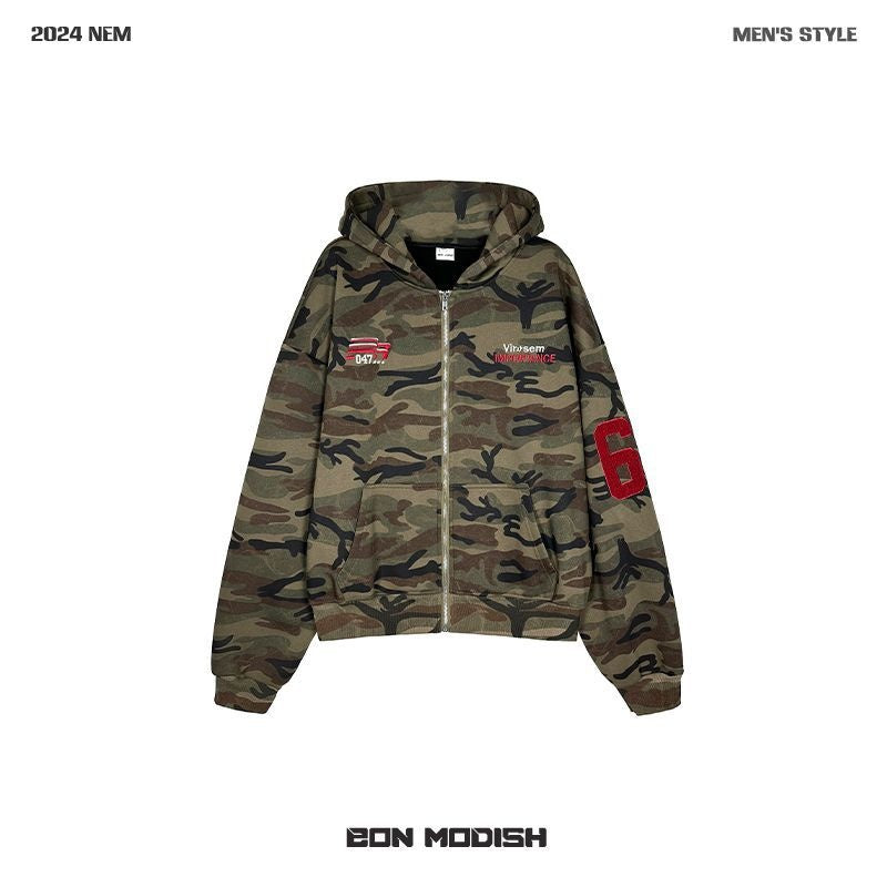 Modish American Retro Vibe Heavyweight Fleece Hooded Sweatshirt Jacket