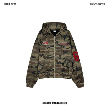 Modish American Retro Vibe Heavyweight Fleece Hooded Sweatshirt Jacket