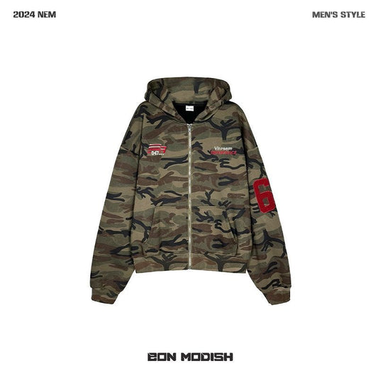 Modish American Retro Vibe Heavyweight Fleece Hooded Sweatshirt Jacket