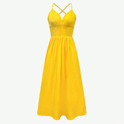 Women's temperament slit dress solid color suspender casual vacation long dress