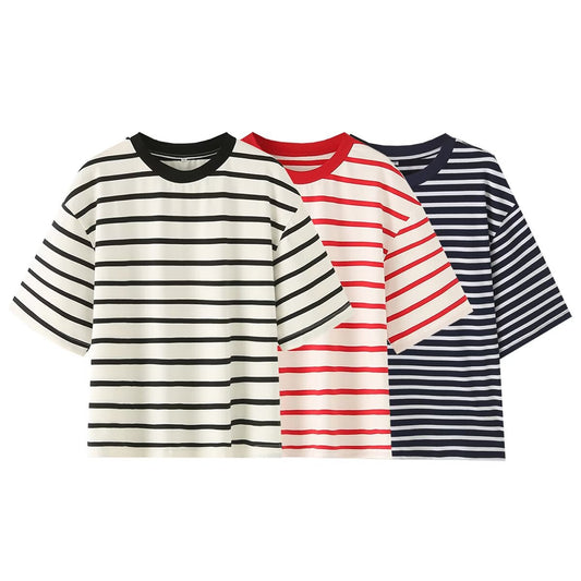 Striped Hem Split Plus Size Women's Short Sleeve T-Shirt Top