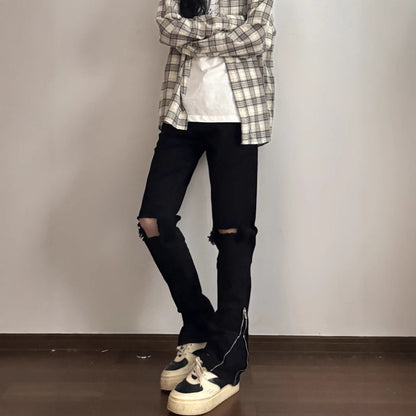 Black High Street Distressed Denim Trousers Slim Fit Skinny Mid-Waist Pants for Men Casual Pants