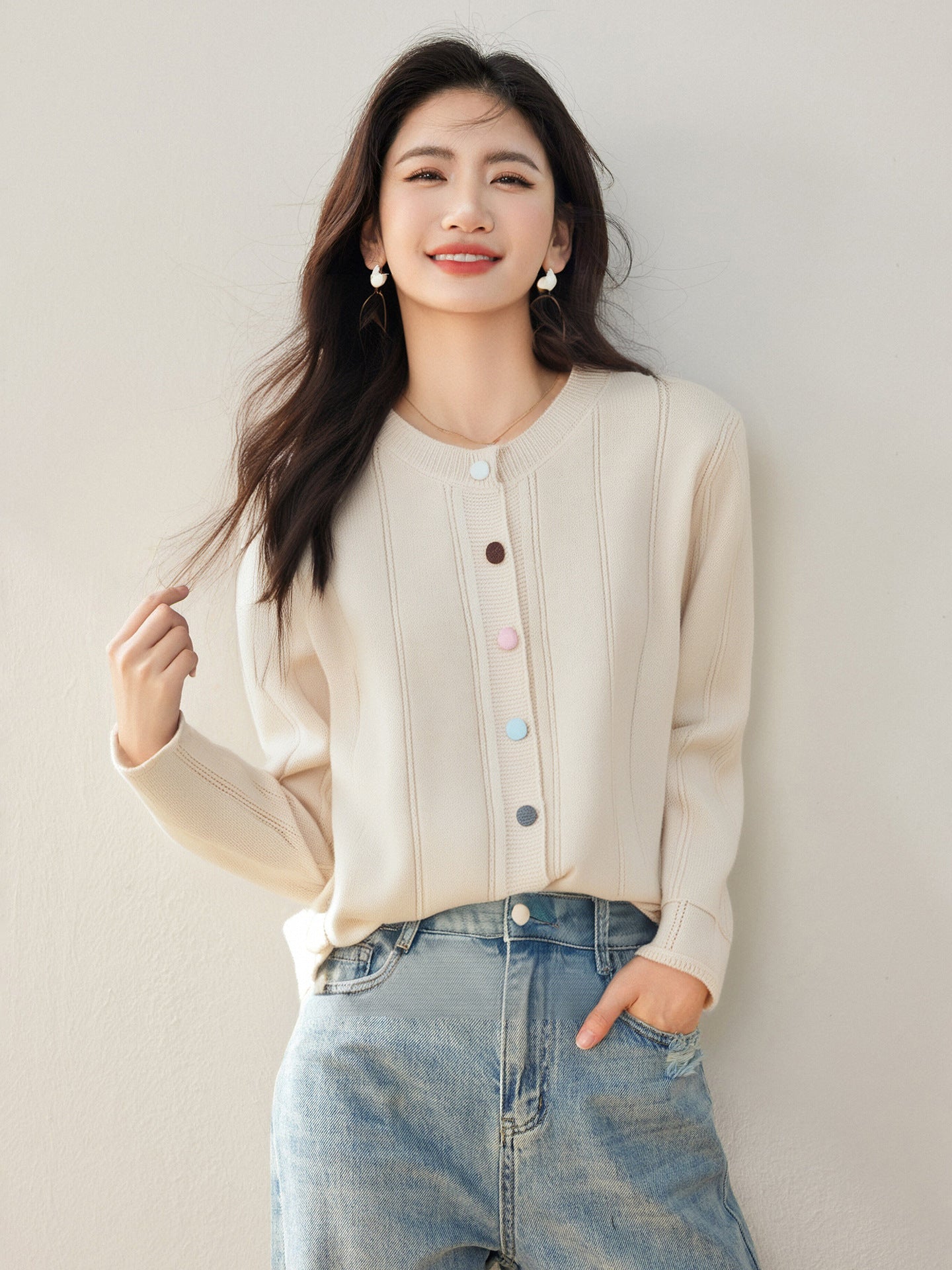 Real Shot◆Korean Style Line Design Colorful Button Long Sleeve Knit Top for Women