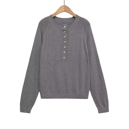 Rundhalsausschnitt, Knopfverzierung, Pullover, Strickpullover, Oberteil für Damen